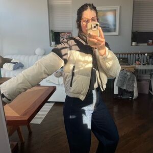 Stylish Women's Black and Cream Puffer Jacket crop top